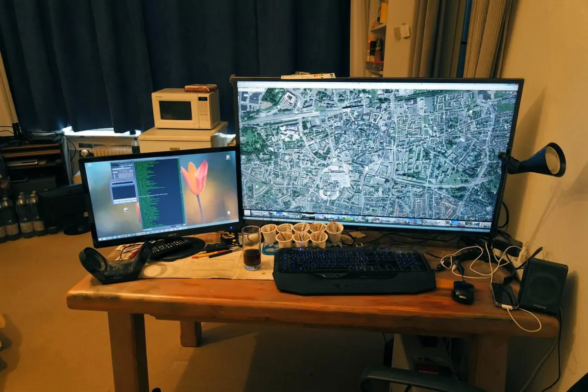 A desk with two monitors of different sizes side by side